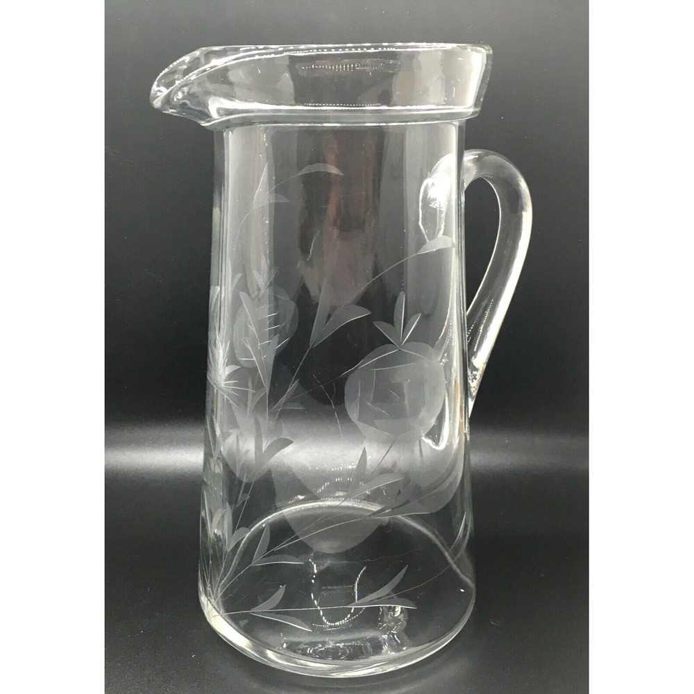 '80s Etched Glass Pitcher Large Elegant Flowers Vines & Leaf Design Spout Handle